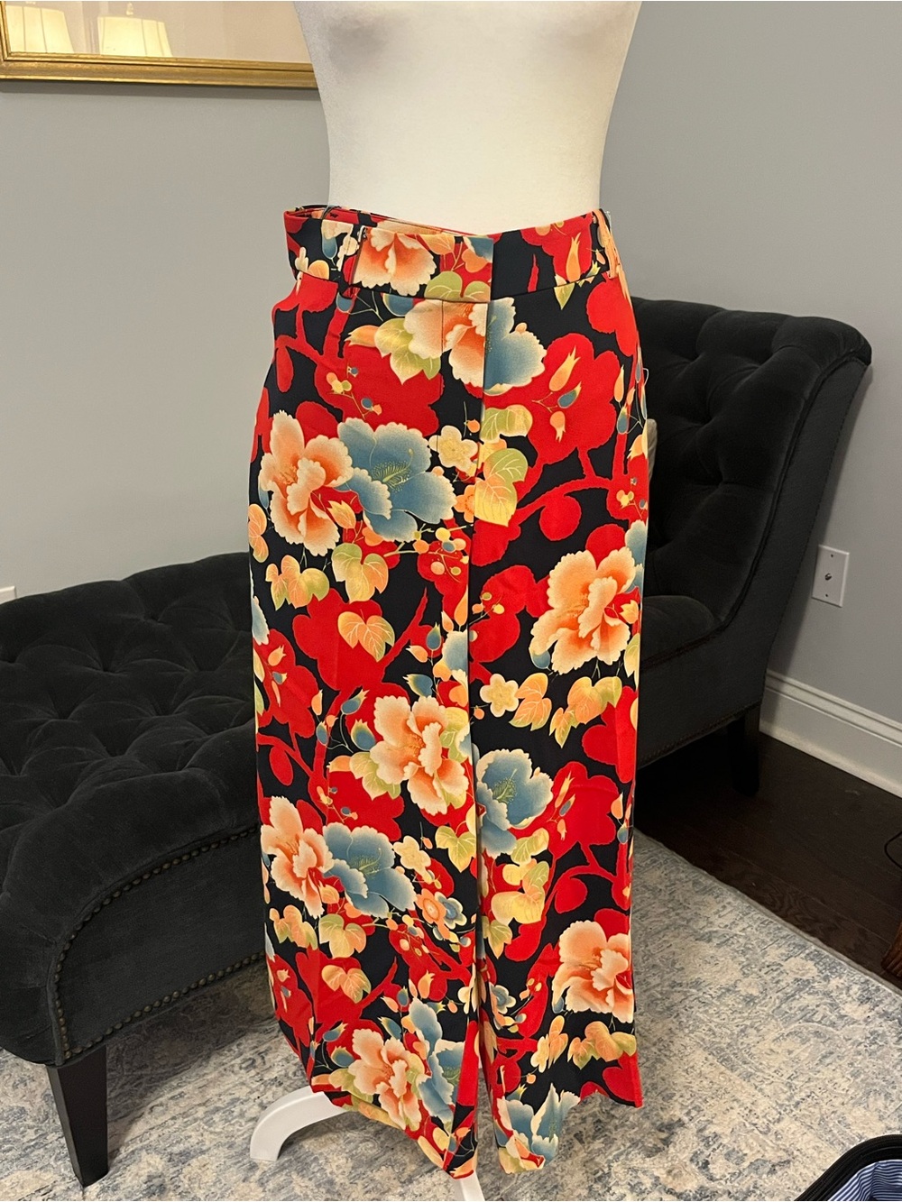 LOFT Red, Navy and Cream Floral Wide-Leg Pants